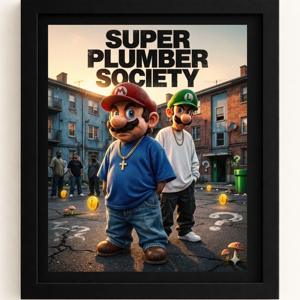 A.I. Super Plumber Society Art Print In A Glass Front Frame 8x10